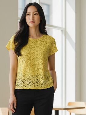 Liz Claiborne Yellow Lace Cap-Sleeve Top With Zipper Detail Size XL